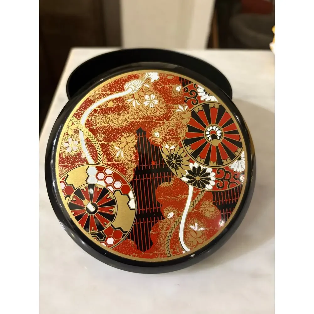 Small Round Decorative Black Lacquered Japanese Storage Stash Box gold